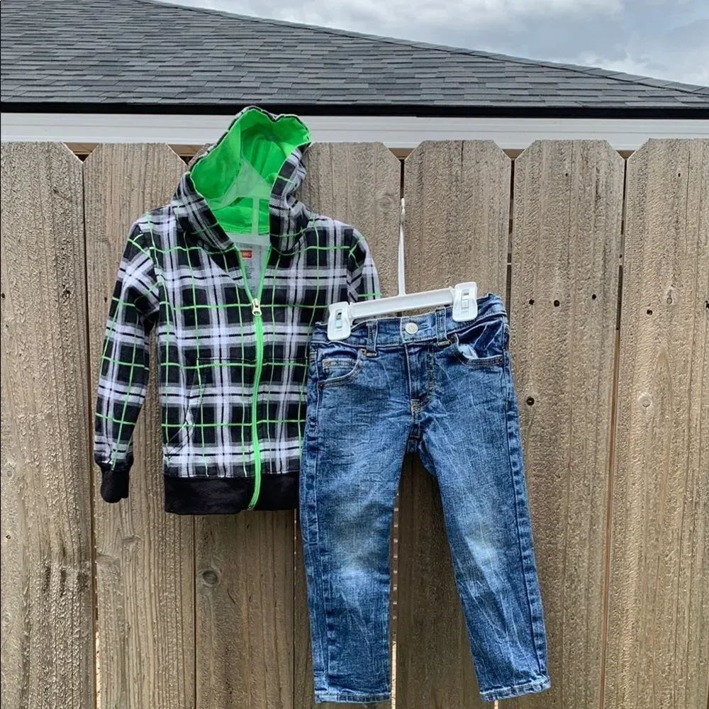 Take 50% OFF- Plaid Hoodie and Blue Jeans Set Boys, Size-3T